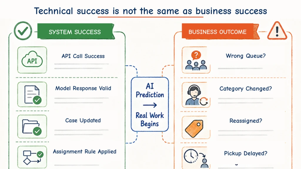 Comparison showing that a technically successful AI classification can still produce the wrong queue assignment, human recategorization, and reassignment.
