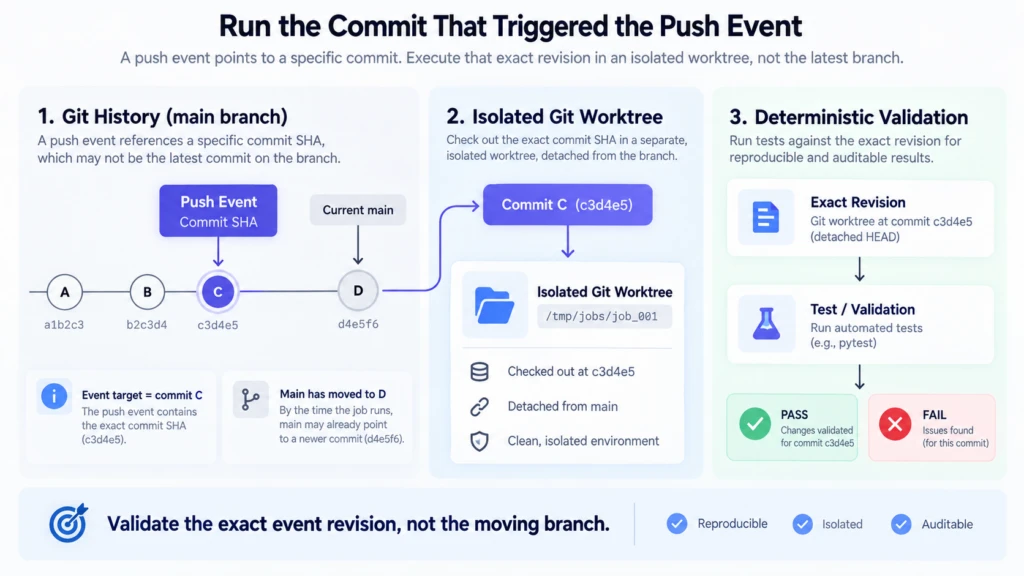 GitHub Push Event의 Commit SHA를 격리된 Git Worktree에서 검증하는 구조