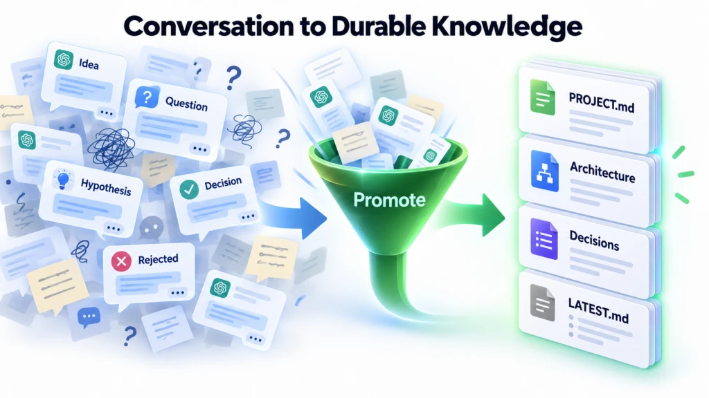 Ideas, hypotheses, questions, and decisions passing through Knowledge Promotion before becoming durable project documents and reusable knowledge.