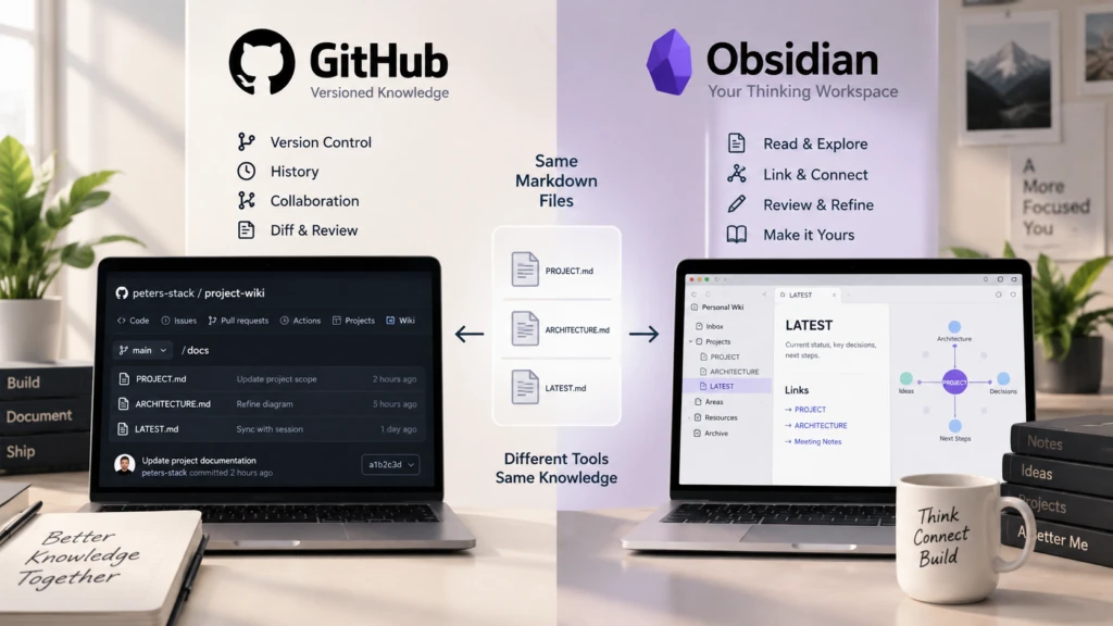 GitHub의 버전 관리와 Obsidian의 지식 검토 공간이 동일한 Markdown 프로젝트 문서를 공유하는 구조