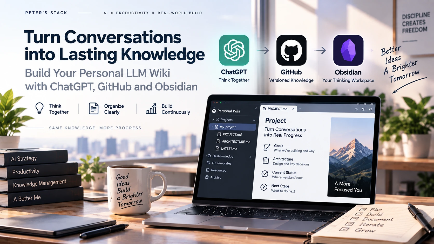 A personal LLM Wiki workflow using ChatGPT, GitHub, and Obsidian to preserve durable project knowledge instead of relying only on conversation memory.