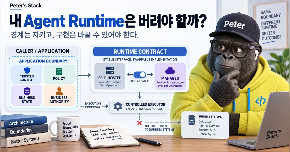 Peter가 Self-hosted와 Managed Agent Runtime 사이에서 Application Boundary와 Runtime Contract를 가리키며 실행 구현은 바뀌어도 business authority는 Application에 남아야 함을 설명하는 장면