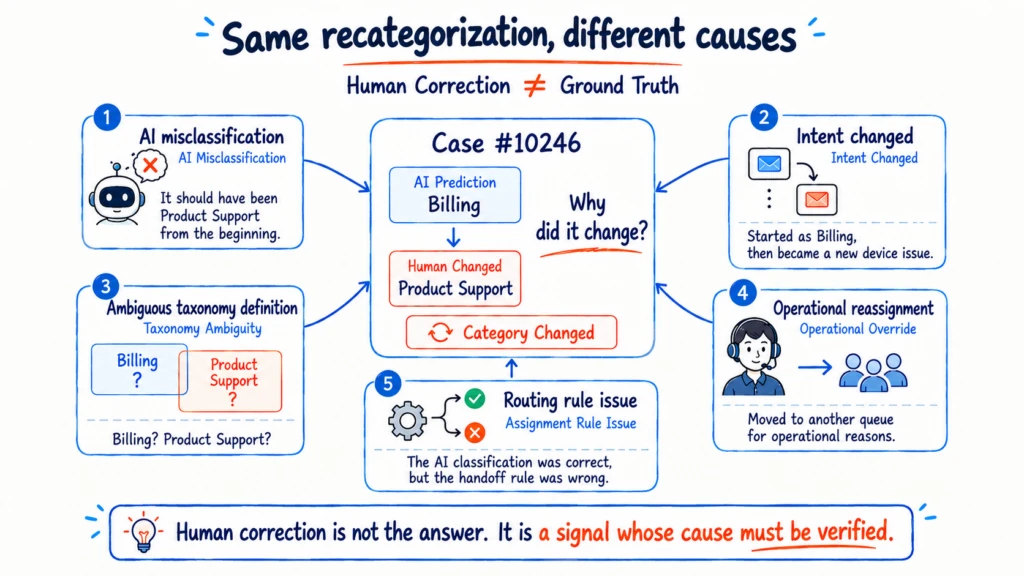 A Salesforce Case changed from Billing to Product Support, illustrating that human correction can reflect AI misclassification, intent change, taxonomy ambiguity, operational override, or an assignment-rule issue.