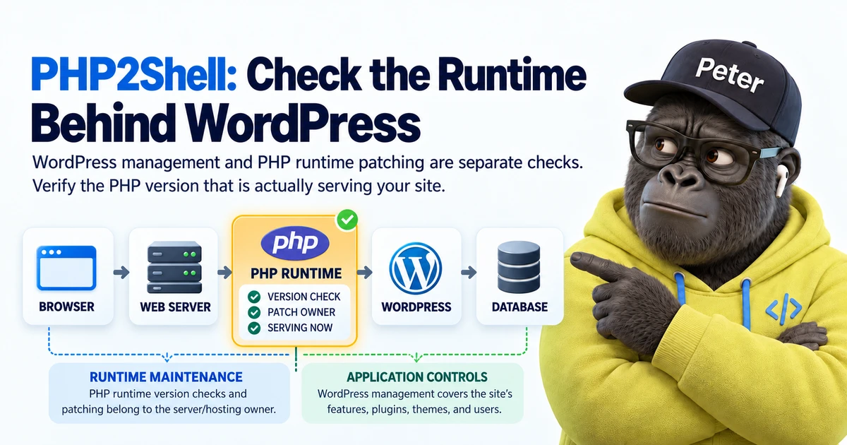 A headline about checking the runtime behind WordPress appears above a flow of browser, web server, PHP runtime, WordPress, and database panels. The PHP runtime is highlighted with version, patch-owner, and serving-now checks, beside a Peter character.