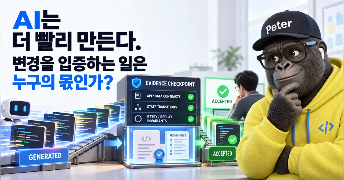 생성된 코드 카드가 API·데이터 계약, 상태 전이, Retry/Replay 불변 조건을 확인하는 증거 체크포인트를 거쳐 사람의 판단과 수용된 변경으로 이어지는 장면이다. 오른쪽에는 이를 검토하는 Peter가 보인다.