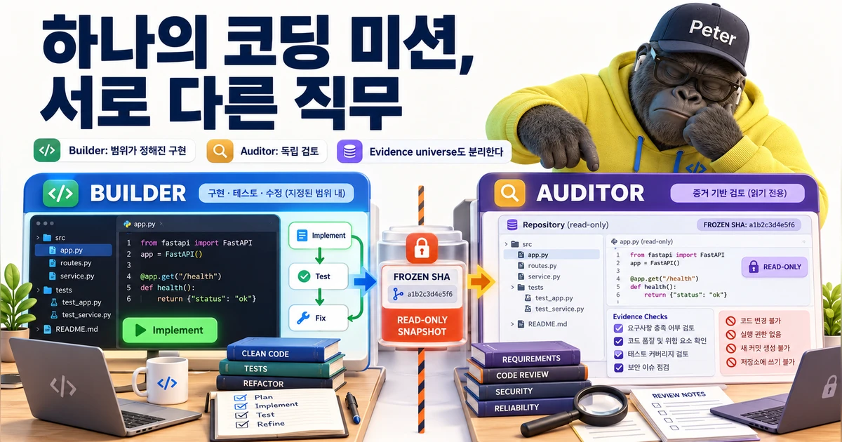 Builder와 Auditor로 나뉜 작업대에서 왼쪽은 구현·테스트·수정을 진행하고, 오른쪽은 FROZEN SHA의 읽기 전용 저장소를 검토한다.